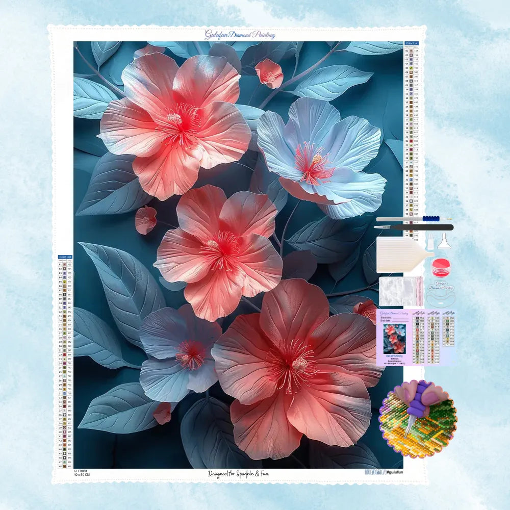 5D Diamond Painting Motiv: Elegante Hibiskusblüten in pudrigem Korallrot und Eisblau auf einem schiefergrauen Hintergrund mit faszinierendem 3D-Relief-Effekt.