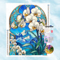 5D Diamond Painting Motiv: Ein brillanter saphirblauer Vogel auf Zweigen mit roten Blüten im glänzenden Cloisonné-Stil.