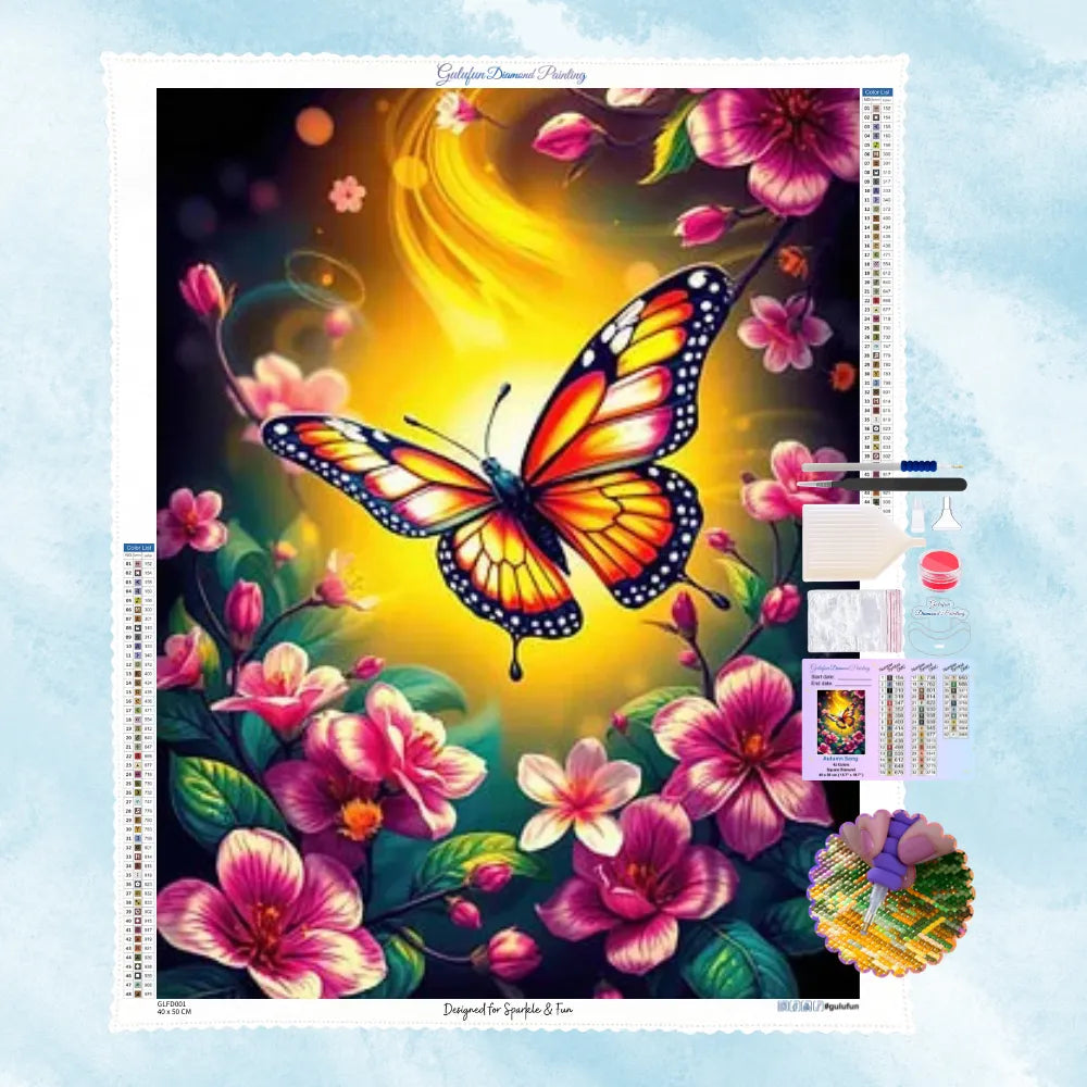 5D Diamond Painting Motiv: Ein farbenprächtiger Schmetterling zwischen pinken Blüten mit goldenem Lichteffekt im Hintergrund.