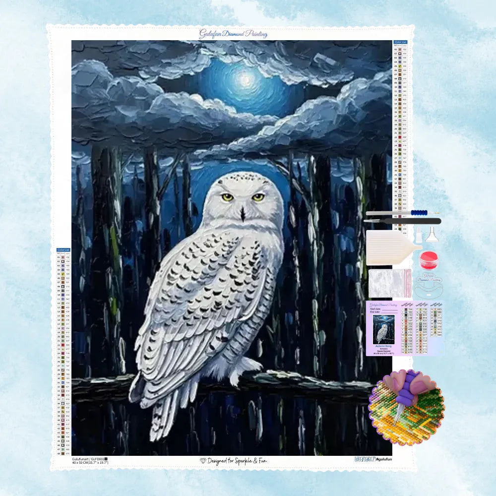 5D Diamond Painting Motiv: Eine weiße Schnee-Eule mit gelben Augen sitzt auf einem Ast im dunklen Wald unter einem leuchtenden Vollmond, gestaltet im klassischen Ölgemälde-Stil.
