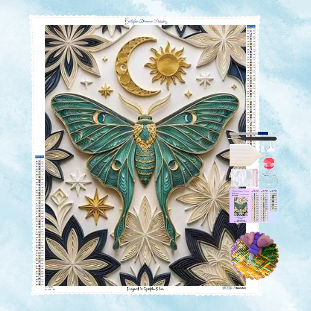 5D Diamond Painting Motiv: Eine smaragdgrüne Motte mit goldenen Himmelskörpern im filigranen 3D-Quilling-Stil.