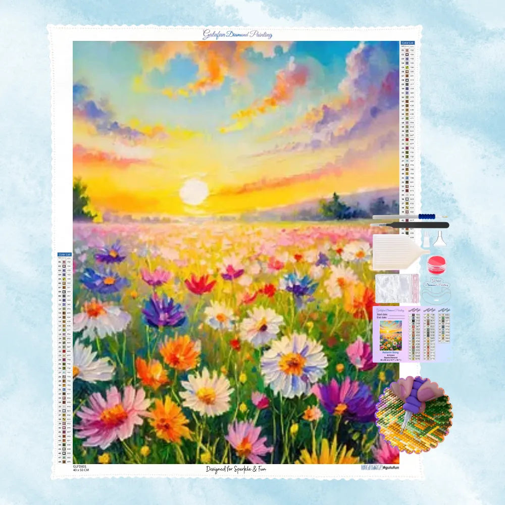 5D Diamond Painting Motiv: Eine bunte Wildblumenwiese im strukturierten Impasto-Ölstil unter strahlend blauem Himmel.
