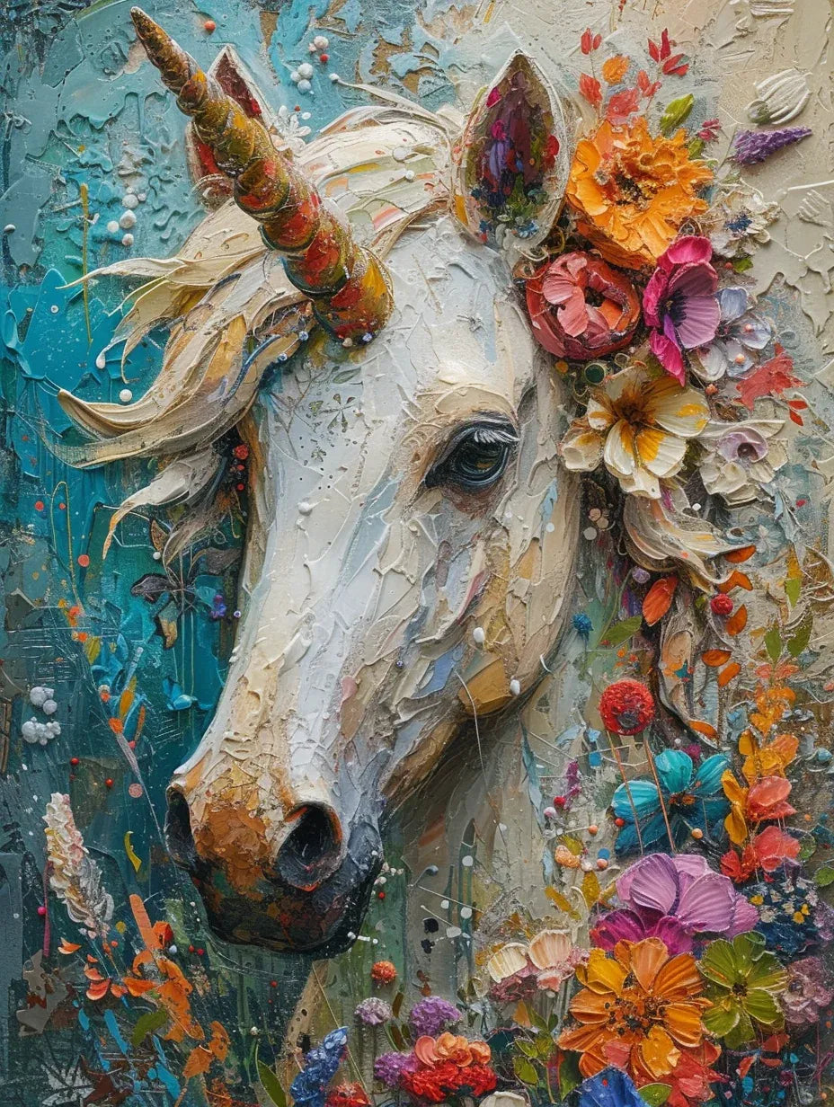 Nahaufnahme der glänzenden Steine und der plastischen Spachtel-Struktur für das Einhorn Set