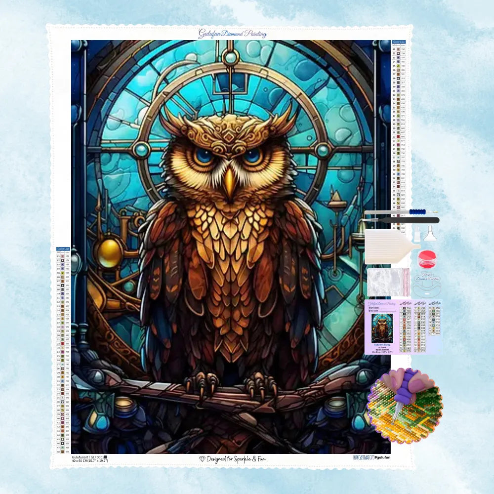 5D Diamond Painting Motiv: Eine mystische Eule im Steampunk-Stil mit kupferfarbenen Federn, die vor einem leuchtend blauen Buntglas-Uhrwerk sitzt.
