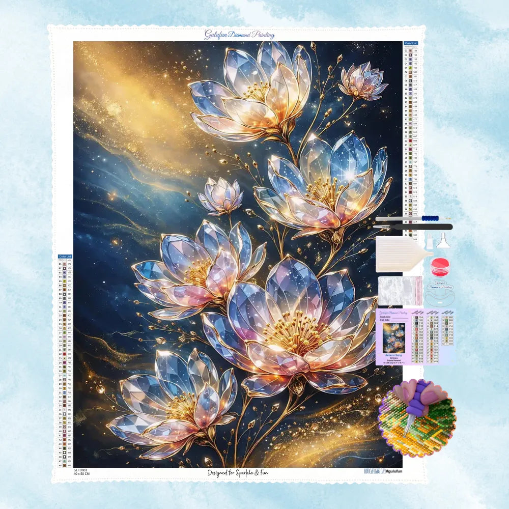 5D Diamond Painting Motiv: Leuchtende, transparente Kristallblumen mit goldenen Stielen und funkelndem Sternenstaub auf dunkelblauem Hintergrund.