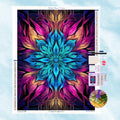 5D Diamond Painting Motiv: Ein farbenfrohes, symmetrisches Mandala in Türkis, Magenta und Gold auf einem tiefschwarzen Hintergrund.
