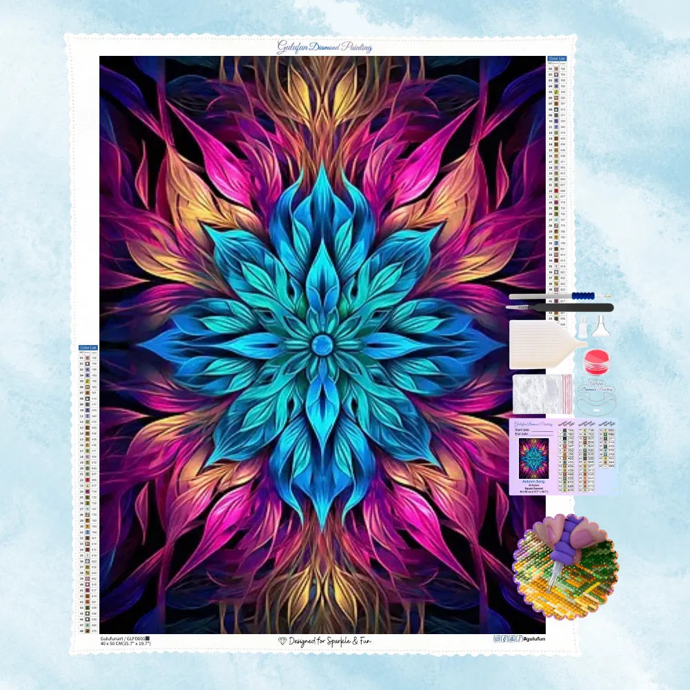 5D Diamond Painting Motiv: Ein farbenfrohes, symmetrisches Mandala in Türkis, Magenta und Gold auf einem tiefschwarzen Hintergrund.