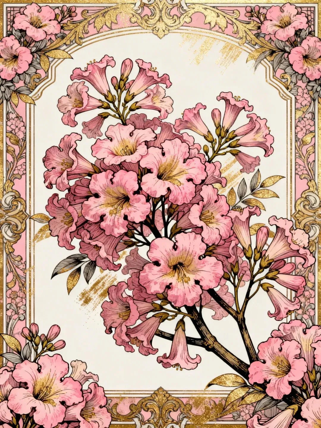 Nahaufnahme der funkelnden Steine und der goldenen Barock-Details für das rosa Blumen Set
