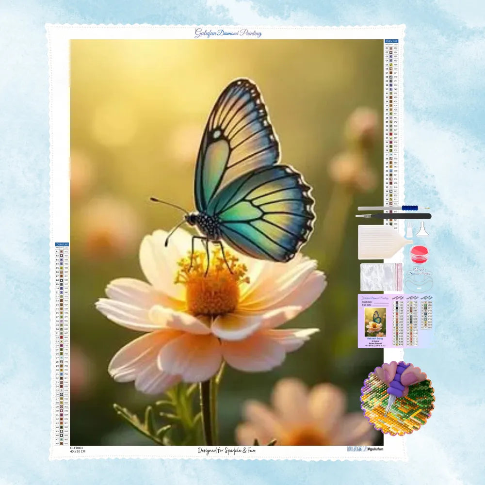 5D Diamond Painting Motiv: Ein zarter Schmetterling mit durchscheinenden, blaugrünen Flügeln ruht auf einer pfirsichfarbenen Blüte im weichen, goldenen Gegenlicht.