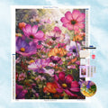 5D Diamond Painting Motiv: Eine leuchtende Blumenwiese voller Kosmeen in Rosa, Lila und Orange, gebadet in warmem Sonnenlicht.