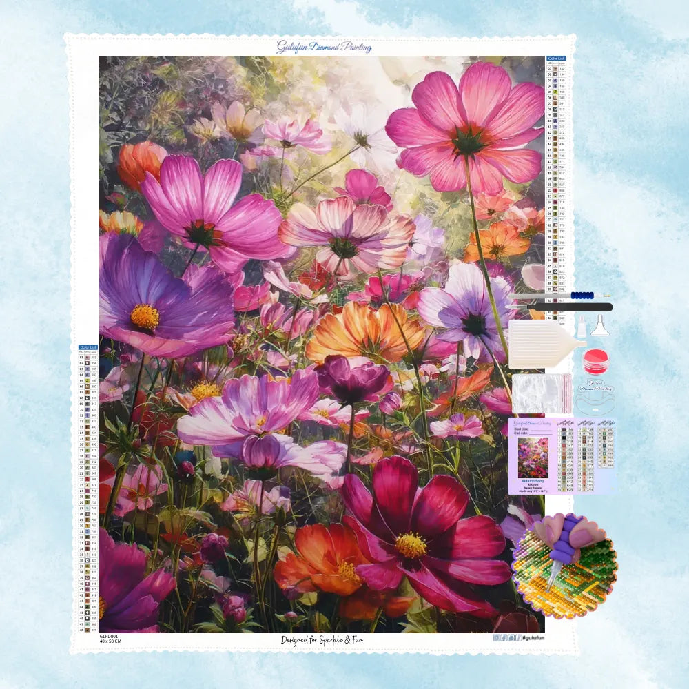 5D Diamond Painting Motiv: Eine leuchtende Blumenwiese voller Kosmeen in Rosa, Lila und Orange, gebadet in warmem Sonnenlicht.