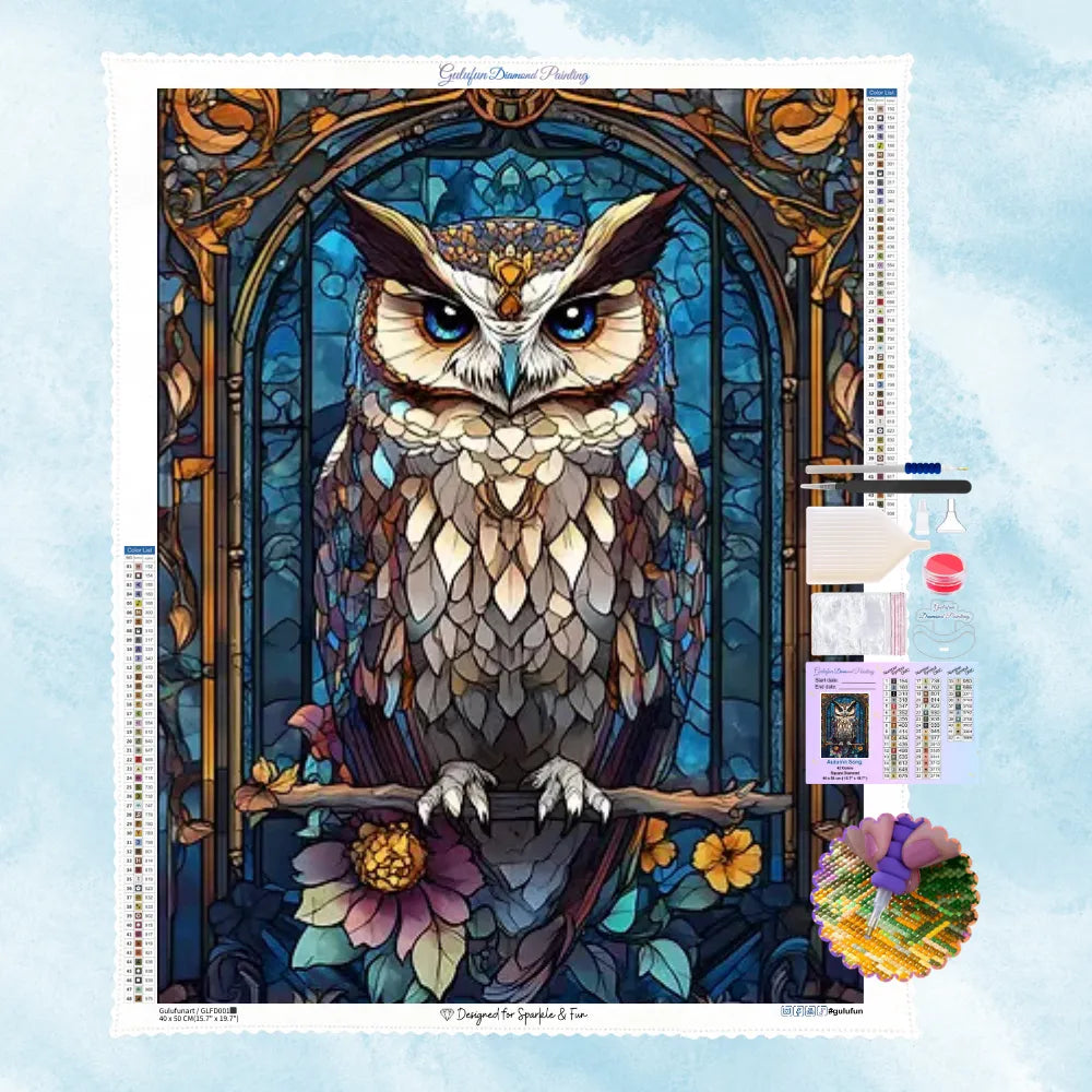 5D Diamond Painting Motiv: Eine majestätische Eule sitzt auf einem Ast mit Blumen, wunderschön umrahmt von einem klassischen blauen Buntglas-Fenster mit goldenen Ornamenten.