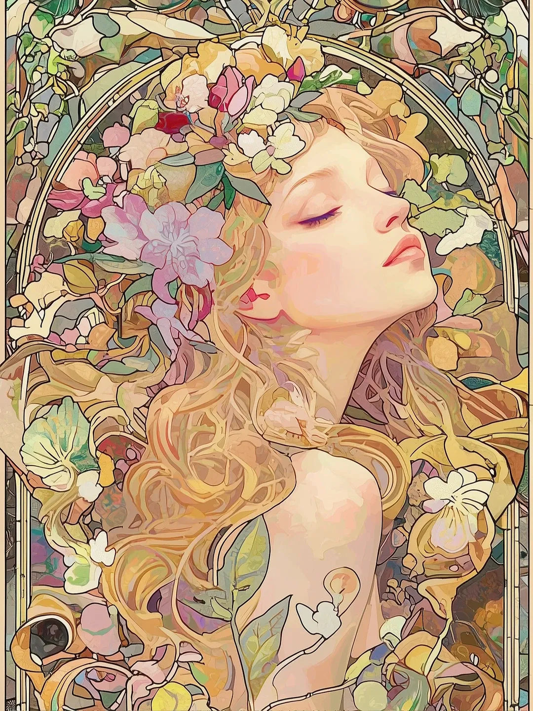 Nahaufnahme der facettenreichen Steine und der sanften floralen Details für das Jugendstil Porträt Set