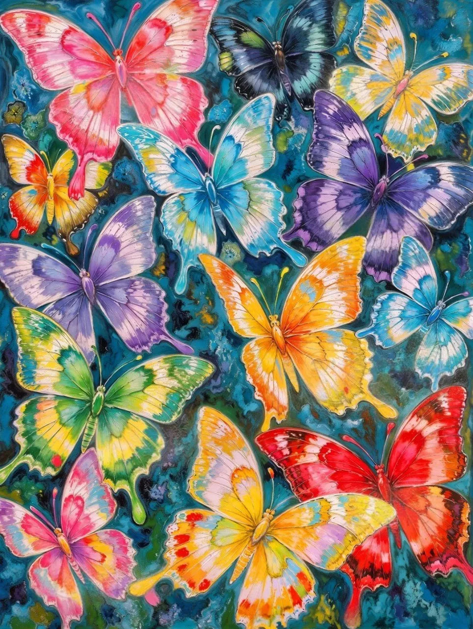 Ursprüngliche farbenfrohe Grafikvorlage der vielen Aquarell-Schmetterlinge für die Diamantmalerei.