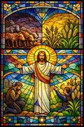 Ursprüngliche detailreiche Grafikvorlage des religiösen Buntglasfensters für die Diamantmalerei.