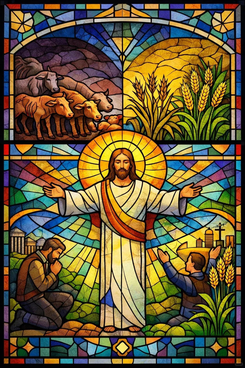 Ursprüngliche detailreiche Grafikvorlage des religiösen Buntglasfensters für die Diamantmalerei.