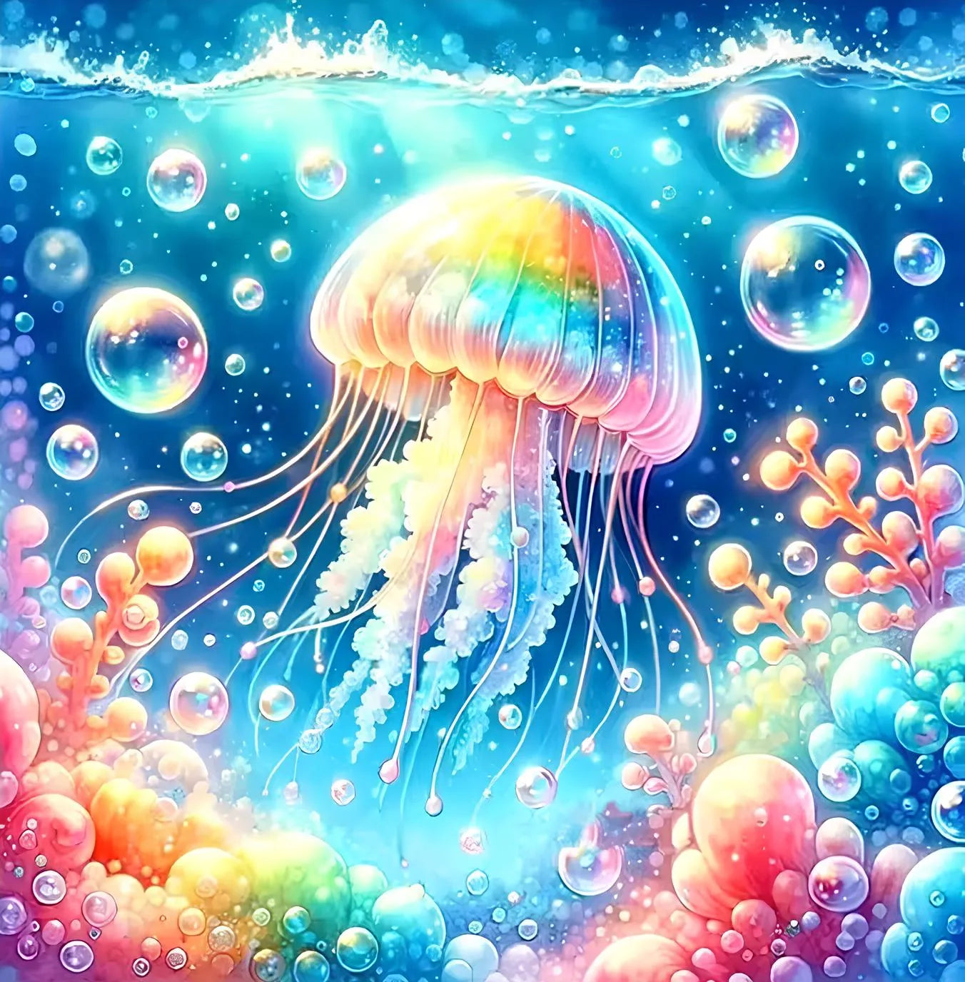 Ursprüngliche verträumte Grafikvorlage der Regenbogen-Qualle im Meer für die Diamantmalerei.