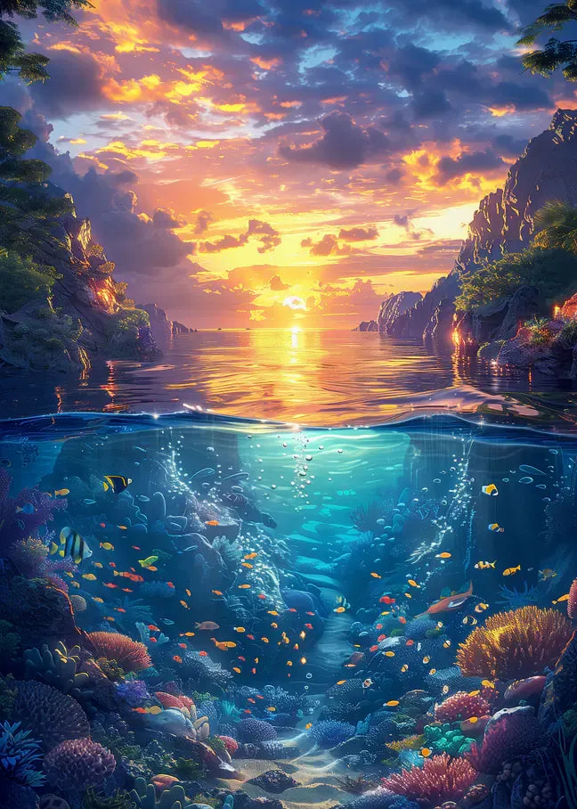 Ursprüngliche Grafikvorlage der geteilten Ozean- und Unterwasserlandschaft für die Diamantmalerei