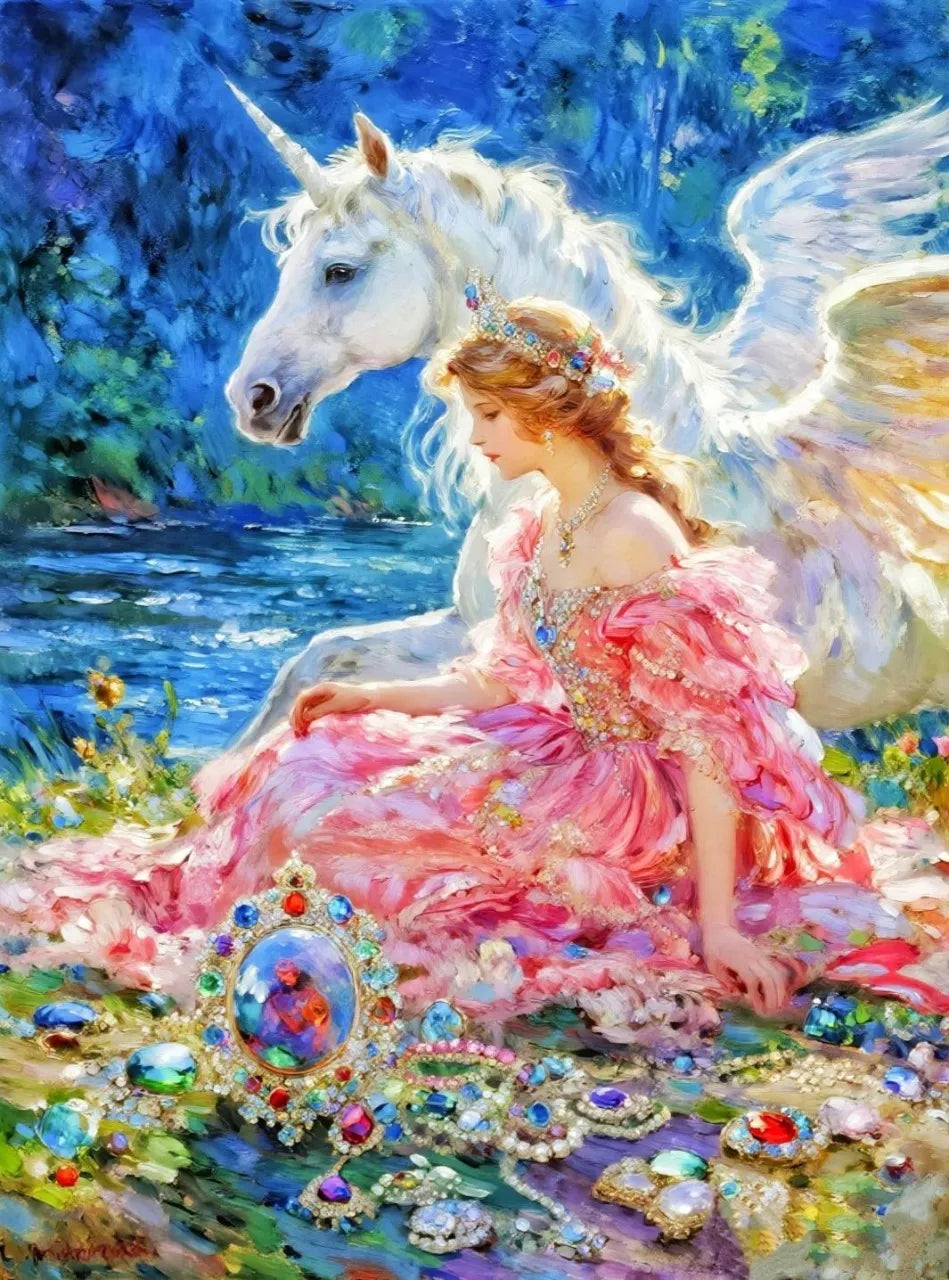 Ursprüngliche malerische Grafikvorlage der Prinzessin mit dem geflügelten Einhorn für die Diamantmalerei.