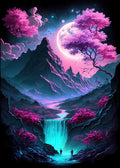 Ursprüngliche Grafikvorlage der surrealen Berglandschaft mit leuchtendem Fluss und zwei Wanderern für die Diamantmalerei.