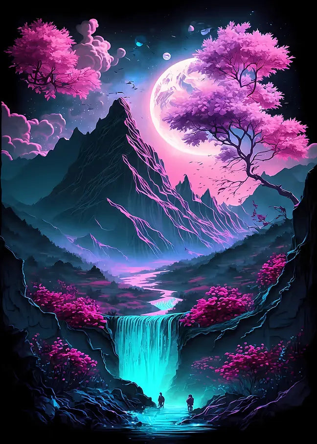 Ursprüngliche Grafikvorlage der surrealen Berglandschaft mit leuchtendem Fluss und zwei Wanderern für die Diamantmalerei.