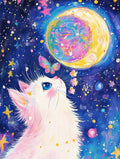 Ursprüngliche farbenfrohe Grafikvorlage der Katze mit Schmetterling unter dem leuchtenden Sternenhimmel für die Diamantmalerei.