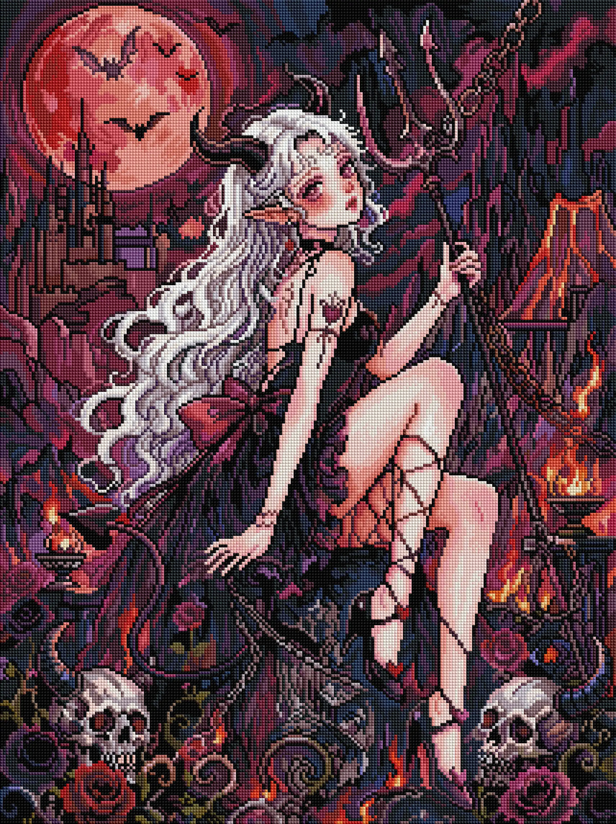 ertiges funkelndes Diamond Painting Motiv der Gothic-Dämonen-Prinzessin mit glänzenden Diamanten im Detail
