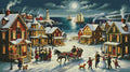 Funkelndes Diamond Painting Motiv eines verschneiten Küstendorfs an Weihnachten mit schimmernden Steinchen.