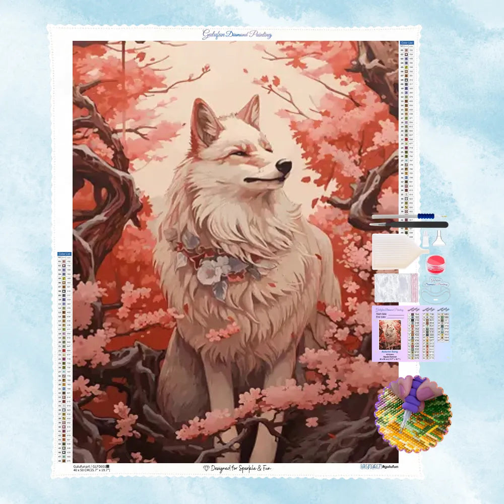 5D Diamond Painting Motiv: Ein majestätischer, aber friedlicher weißer Wolf, der von warmen, rosa blühenden Kirschblütenbäumen umgeben ist.