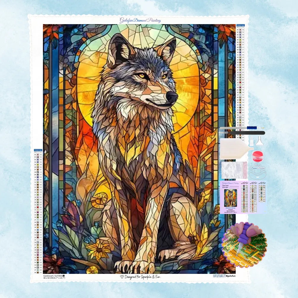 5D Diamond Painting Motiv eines stolzen Wolfes im farbenfrohen Buntglas-Stil mit einem goldenen, kreisförmigen Hintergrund.