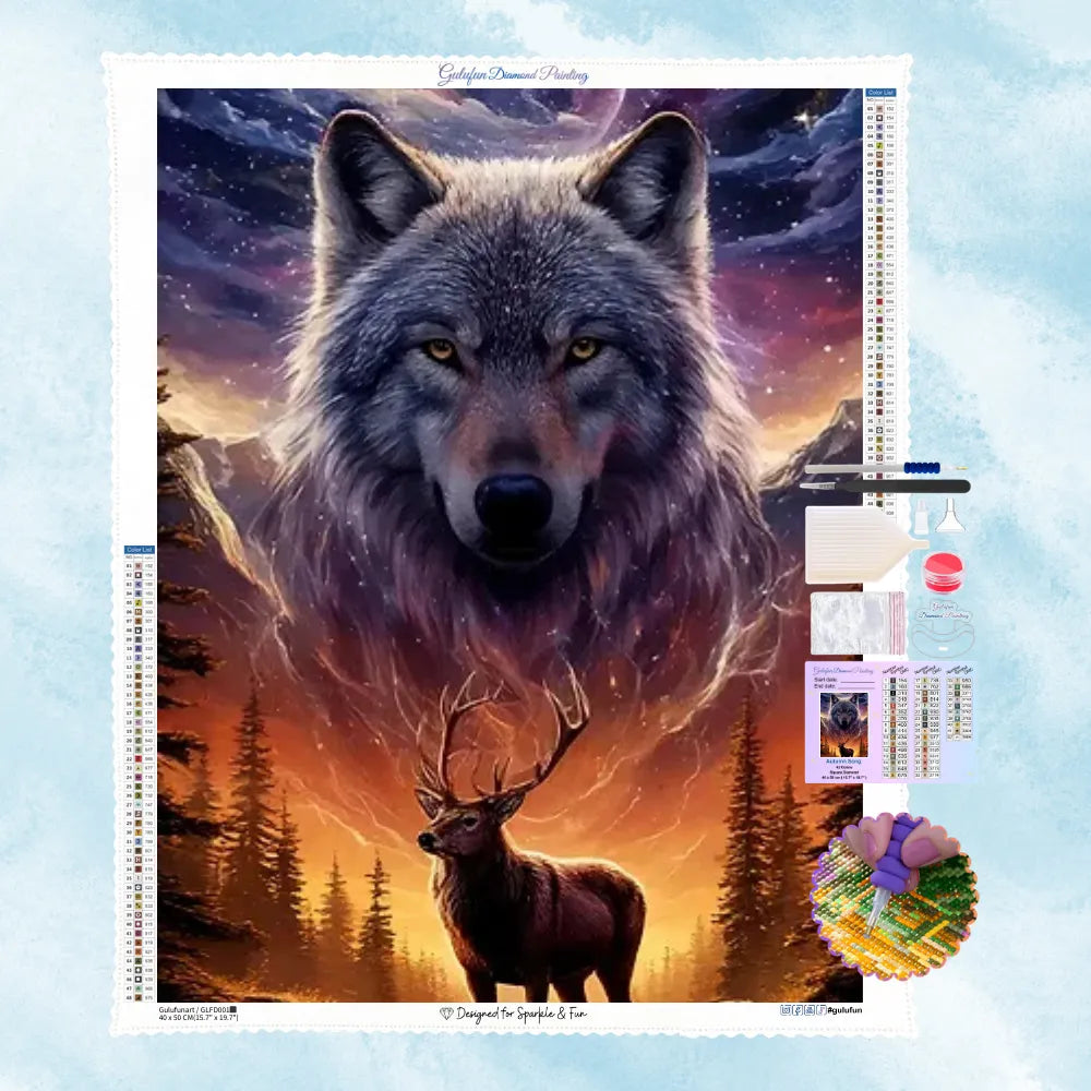 5D Diamond Painting Motiv: Ein großer Wolfskopf im galaktischen Himmel über einem Hirsch in einer Waldlandschaft bei Sonnenuntergang.