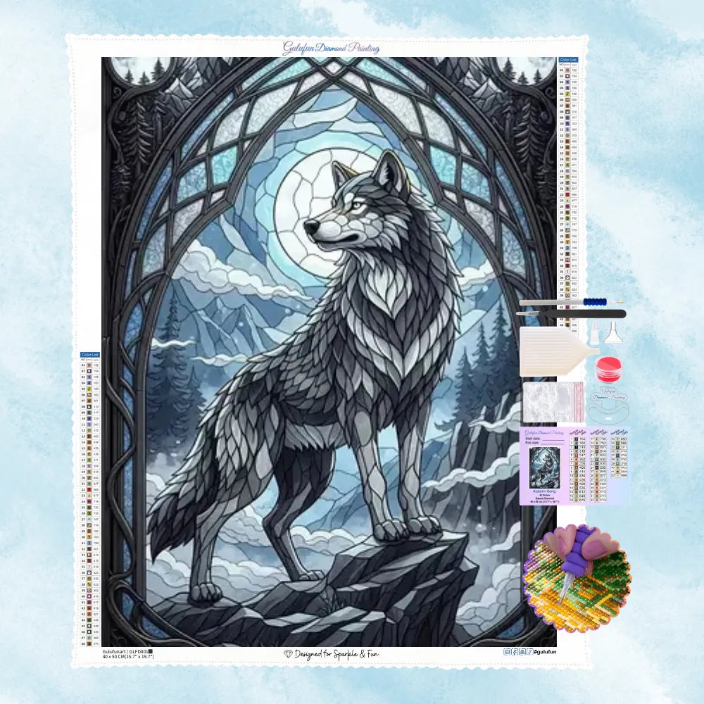 5D Diamond Painting Motiv: Ein majestätischer Wolf im gotischen Buntglas-Fenster vor einem leuchtenden Vollmond und Gebirge.